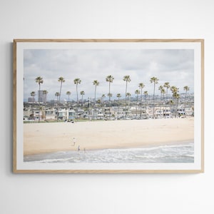 May include: A photograph of a beach scene with palm trees, houses, and a sandy beach. The ocean is in the foreground with waves crashing on the shore. There are people walking on the beach in the distance.