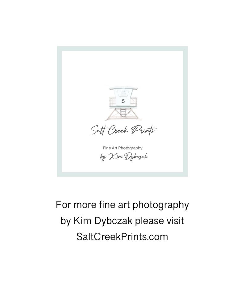 May include: A watercolour illustration of a lifeguard stand with the number 5 on it. The text "Salt Creek Prints" is below the lifeguard stand, with the words "Fine Art Photography by Kim Dybczak" below that. The text "For more fine art photography by Kim Dybczak please visit SaltCreekPrints.com" is below the logo.