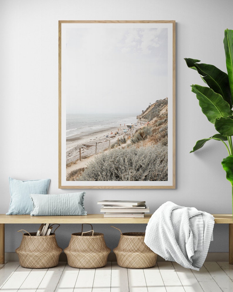 This is a vertical photograph wall print of Beacons Beach at Leucadia State Beach, Encinitas, California. The soft, muted blue green and warm brown colors give it a peaceful, soothing feel.