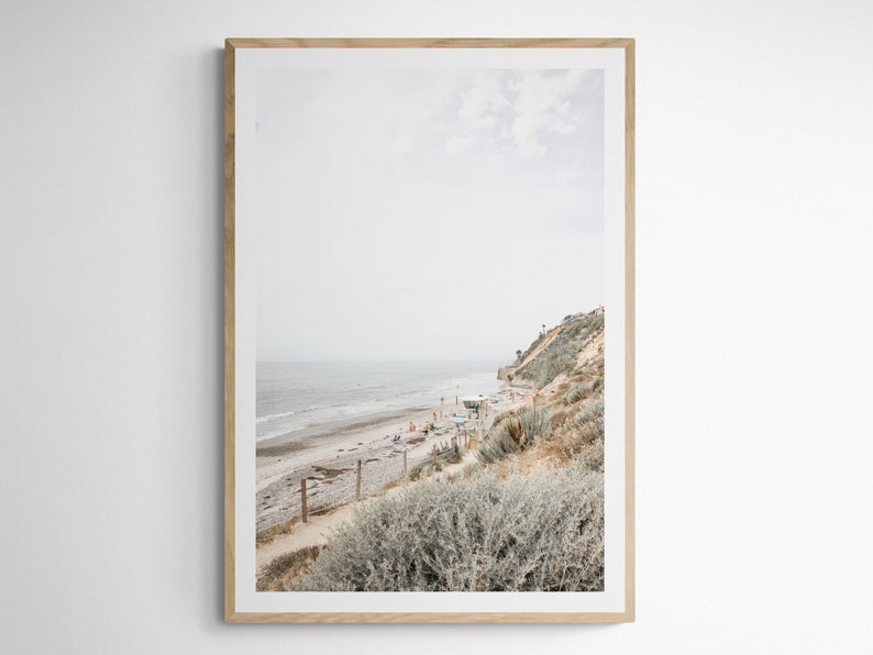 This is a vertical photograph wall print of Beacons Beach at Leucadia State Beach, Encinitas, California. The soft, muted blue green and warm brown colors give it a peaceful, soothing feel.