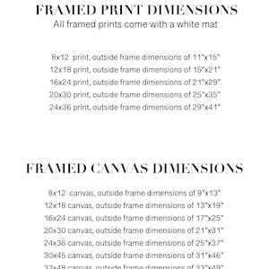 May include: A chart showing the framed print and canvas dimensions for different sizes. The chart lists the print or canvas size, followed by the outside frame dimensions in inches. All framed prints come with a white mat.