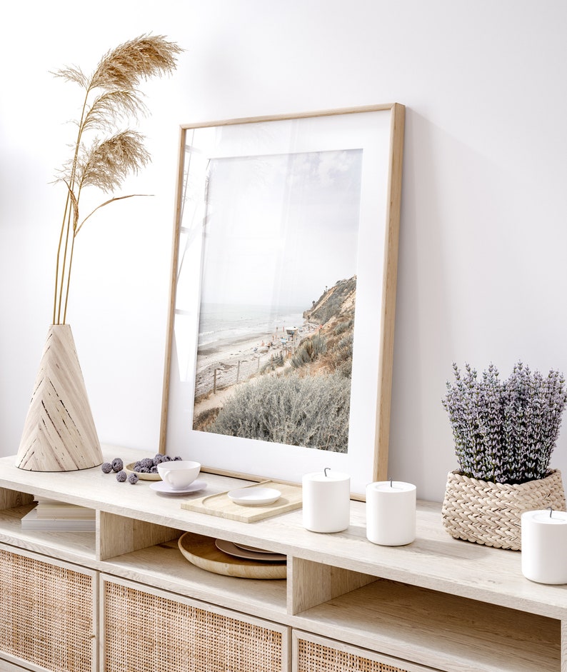 This is a vertical photograph wall print of Beacons Beach at Leucadia State Beach, Encinitas, California. The soft, muted blue green and warm brown colors give it a peaceful, soothing feel.