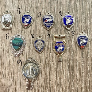 May include: Nine silver charm pendants with blue and white enamel designs. The charms feature various locations and landmarks, including Baker, Billings, Houston, Montana, Las Vegas, and Wyoming.