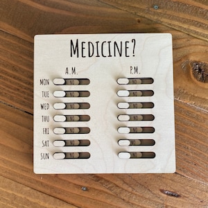 Wood Daily Medication Tracker - Pill Reminder Supplies - Wood Toggle Chart - Weekly AM PM Medicine Refrigerator Magnet - Gift For Mom Or Dad
