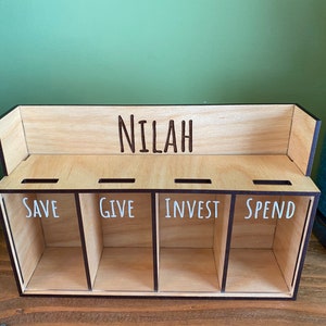 Save Give Invest Spend Money Bank - Custom Personalized Name Wood Piggy Bank - Space Saving Kid&#39;s Bank - Financial Literacy Birthday Gift
