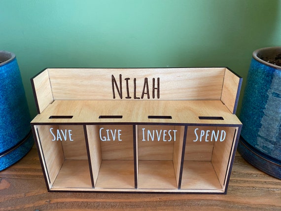 Save Give Invest Spend Money Bank - Custom Personalized Name Wood Piggy Bank - Space Saving Kid's Bank - Financial Literacy Birthday Gift