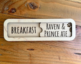 Sliding Dog Feeding Tracker - Personalized Pet Reminder Supplies - Custom Wood Toggle Chart - Breakfast/Dinner Magnet - New Puppy Gift