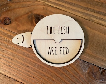 Fish Feeding Tracker - Tank Accessory - Gift For Fish Lovers - Pet Reminder Supplies - Wood Toggle Chart