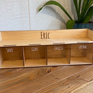 Large Save Give Invest Spend Money Bank - Custom Personalized Name Wood Piggy Bank - Kid&#39;s Bank - Financial Literacy Birthday Gift