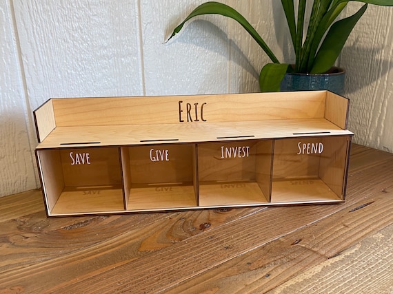 Large Save Give Invest Spend Money Bank - Custom Personalized Name Wood Piggy Bank - Kid's Bank - Financial Literacy Birthday Gift