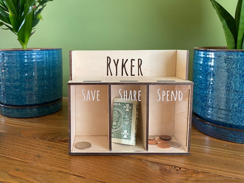 Save Share Spend Money Bank Custom Personalized Name Piggy Bank Space Saving Kid's Wood Change Bank Financial Literacy Birthday Gift image 6