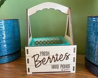 Personalized Wood Berry Picking Basket - Garden Box Hand Picked Strawberries - Pint Size Family Blueberry Patch Harvest Forage Container