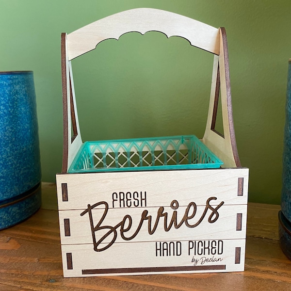 Personalized Wood Berry Picking Basket - Garden Box Hand Picked Strawberries - Pint Size Family Blueberry Patch Harvest Forage Container