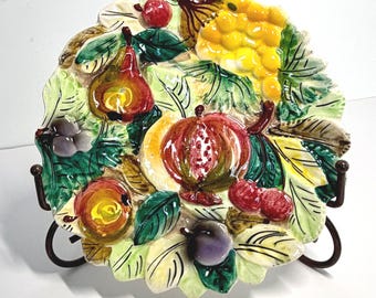 Italian Majolica Hand Painted Decorative Colorful Wall Plate Fruit Harvest Embossed, Scalloped Edge, 8 Inch Vintage Wall Decor MId Century