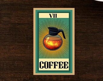 May include: A vintage-style tarot card with a green background and gold trim. The card is numbered VII and features a coffee pot with a dark brown handle and a golden lid. The text "COFFEE" is printed in gold letters below the image.