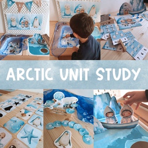 May include: A collection of Arctic-themed learning materials for children, including a sensory bin, matching cards, and a penguin puppet. The materials are laid out on a table with a blue and white background. The text "ARCTIC UNIT STUDY" is written in large, bold letters across the top of the image.