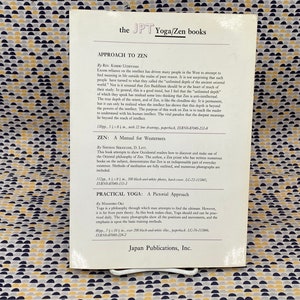 May include: A white book cover with black text describing three books on Zen and Yoga. The book titles are "Approach to Zen", "Zen: A Manual for Westerners", and "Practical Yoga: A Pictorial Approach".