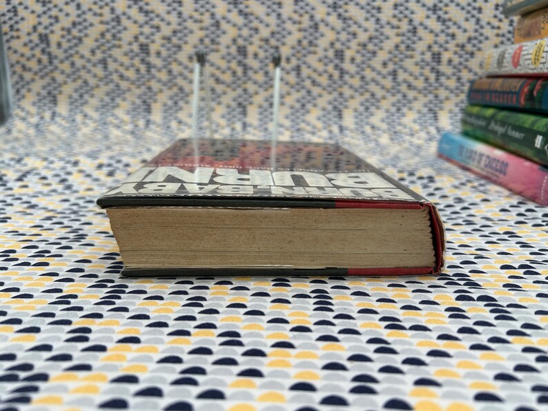 May include: A black and red paperback book with the title "BURN BABY BURN" on the spine. The book is sitting on a patterned surface.