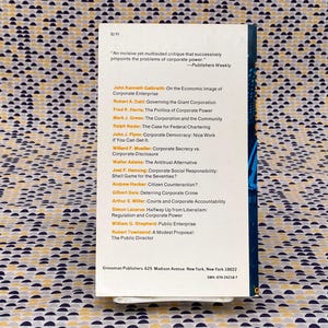 May include: A white book with a black spine and a blue cover. The book is titled "Corporate Power" and features a list of authors and their respective books. The book is published by Grossman Publishers.