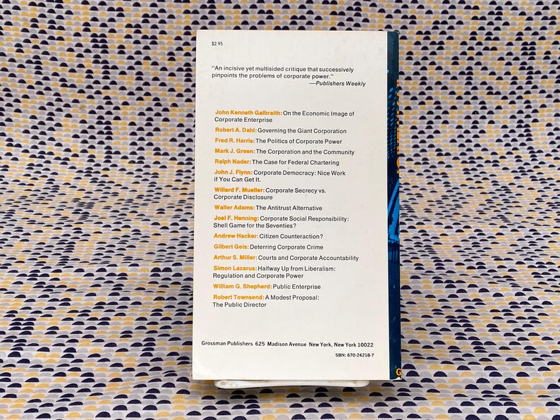 May include: A white book with a black spine and a blue cover. The book is titled "Corporate Power" and features a list of authors and their respective books. The book is published by Grossman Publishers.