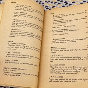 May include: A close-up of a book with a white cover and black text. The book is open to a page with a list of contents, including names like Fitzhugh Ludlow, Mezz Mezzrow, and William Lee. The book appears to be a collection of writings about various topics.