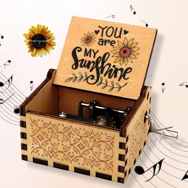 You Are My Sunshine Music Box Theme Music Chest Wooden Engraved Handmade Vintage Gift