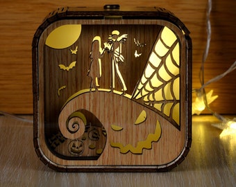 Nightmare Before Christmas Music Box 3D Light LED This is Halloween Theme Music Chest Wooden Engraved Handmade Vintage Gift Jack and sally