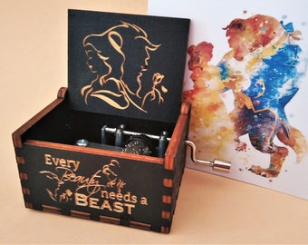 The Beauty and the Beast Music Box Theme Music Chest Wooden Engraved Handmade Vintage Gift