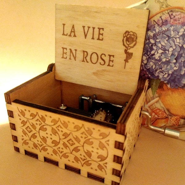 La Vie en Rose Boîte à Musique Thème Coffre à Musique en Bois Gravé Fait Main Cadeau Vintage