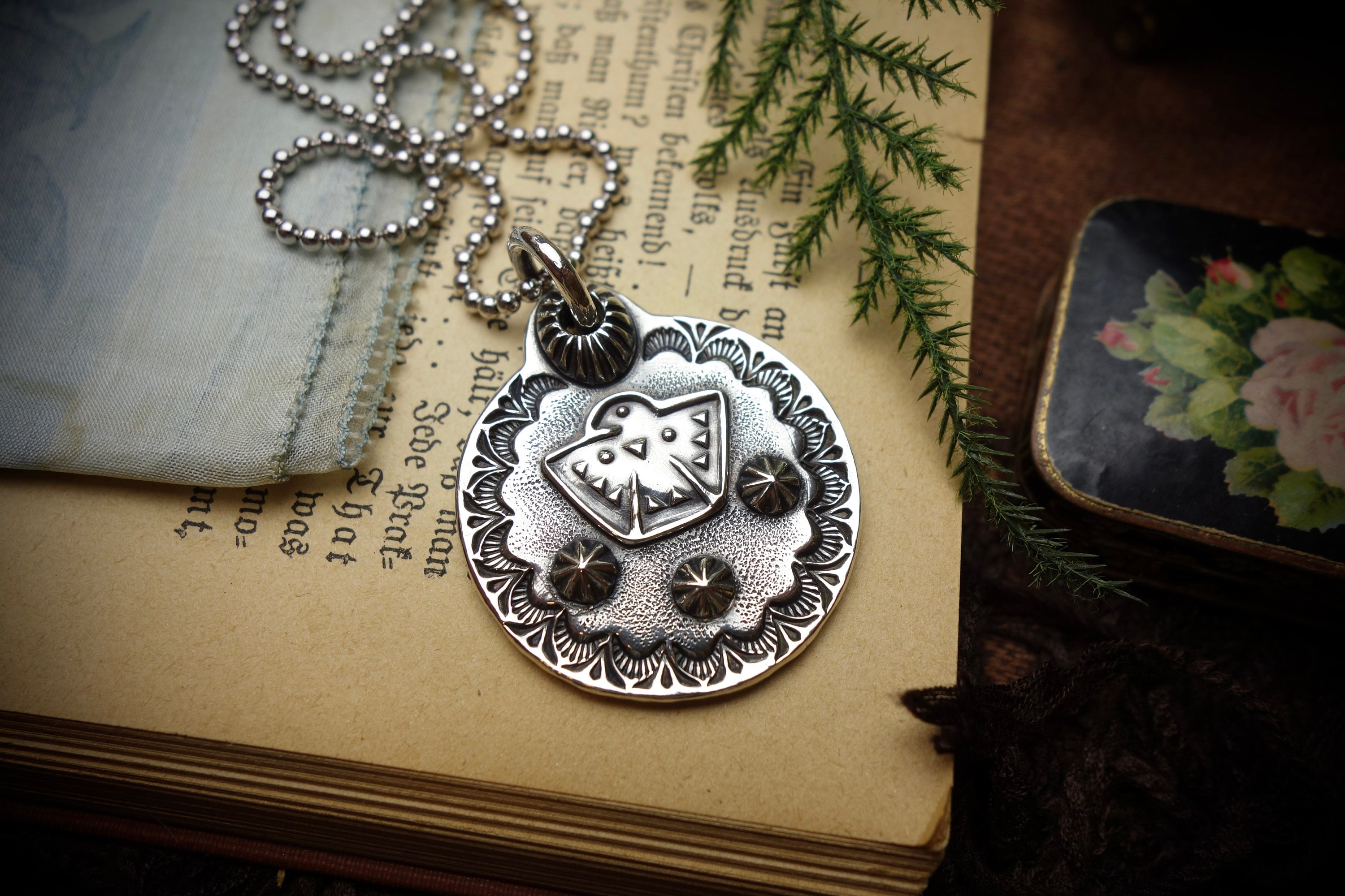 Silver Pendant ‚OLD THUNDERBIRD MEDAL‘, 925 Sterling Silver, Handmade