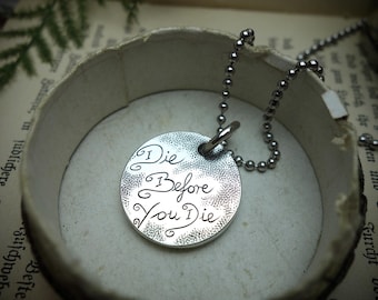 Silver Pendant ‚Die Before You Die‘, 925 Sterling Silver, Handmade, Memento Mori, Skull Medal