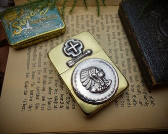 Storm Lighter ‚GREAT CHIEF‘, Brass Lighter, 925 Sterling Silver Embellishments, 1941 Replica