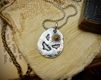 Silver Pendant ‚Eagles And The Sun‘, 750 Yellow Gold, 925 Sterling Silver, Bicolor, Handmade
