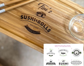 Set SUSHI personalizzato con *diversi motivi* piatto di bambù con bacchette e ciotola di vetro - regalo con prodotto naturale