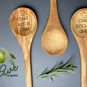 Cooking spoon made of olive wood with engraving "CHEFKOCH" personalized first name for birthday, gift, man, woman gravidu - šef kuhar