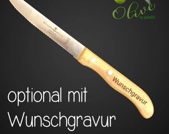 Steakmesser Wellenschliff mit Olivenholzgriff - Messer Gravur Tomatenmesser