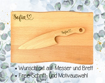 Montessori Messer für Kinder aus Holz - personalisierbar mit Gravur, auch als Set mit Holzbrett, sicher Kochen, Kinderbesteck, Geschenk