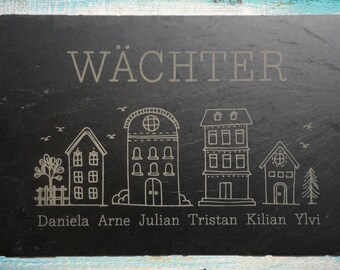 Türschild aus Schiefer (30x20cm) mit dem Motiv "WÄCHTER" – Gravur mit Familie Name Adresse Schild individuell persönlich personalisiert