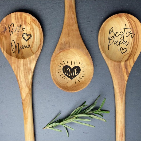 Cuillère de cuisine en bois d'olivier avec gravure "Best Mom / Best Dad / First Names" personnalisée pour un anniversaire, cadeau, fête des mères, fête des pères