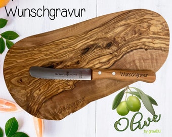 Personalisiertes Vesperbrett aus Olivenholz - Frühstück Gravur Messer - verschiedene Größen