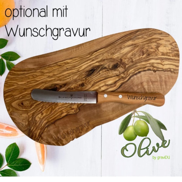 Personalisiertes Vesperbrett aus Olivenholz - Frühstück Gravur Messer - verschiedene Größen