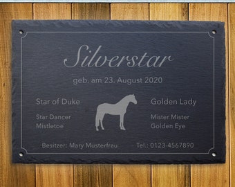 Plaque d'écurie sur ardoise (30 x 20 cm) avec motif gravé « Silverstar » Plaque signalétique pour animal, plaque signalétique, plaque signalétique, cheval, poney, cavalier d'écurie.