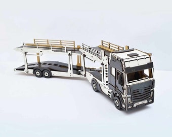 Car transporter 3DBRT, Wooden 3D  Constructor Car transporter with trailer Wood Puzzle car carrier Kids Wooden Model Assembled toy model kit
