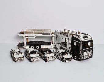 Wooden Car transporter with trailer and 4 cars, 3DBRT/ 3D  Wood Constructor Wood Puzzle Building Kids Wooden Model Car carrier Assembling