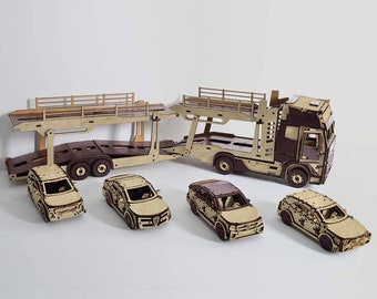 Porte-voitures 3D en bois avec remorque et 4 voitures Jeu de puzzle en bois pour constructeur de bois Construction pour enfants Porte-voitures en bois à assembler