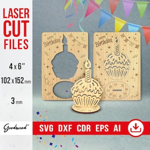 Joyeux anniversaire 3D carte pop-up modèle SVG, gâteau en bois Cupcake 3 mm, fichiers découpés au laser DXF, carte de voeux Happy Bday, téléchargement immédiat 4 x 6"