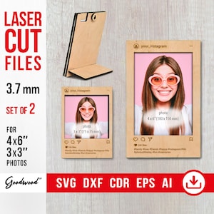 Marco de fotos de madera SVG, archivos cortados a láser DXF CDR de 3,7 mm, minimarco de 7,6 x 7,6 cm y 10 x 15 cm, portafotos, estilo Instagram, plantilla, descarga instantánea