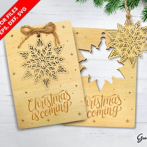 Arquivos cortados a laser Cartão de Natal, madeira de floco de neve, cartão de arquivos vetoriais SVG DXF EPS, cartões artesanais, pop-up de Natal, enfeite de Natal