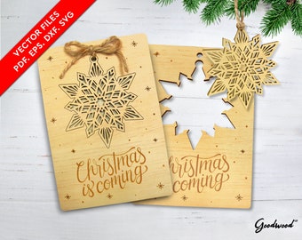 Laser cut files Christmas card, Snowflake wood, Vector files card SVG DXF EPS, Greeting cards handmade, Christmas pop up, Christmas ornament