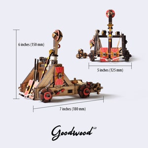 Dimensions diagram of assembled Roman catapult – 3D puzzle template for laser cutting from 3mm plywood